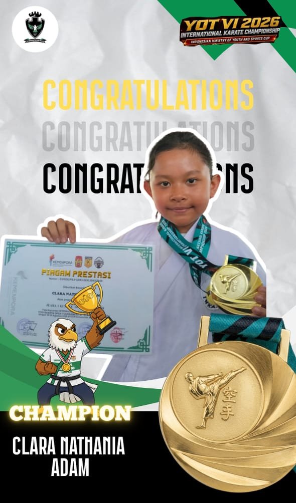 Clara Nathania Adam, juara 1 YOT VI 2026 International Karate Championship